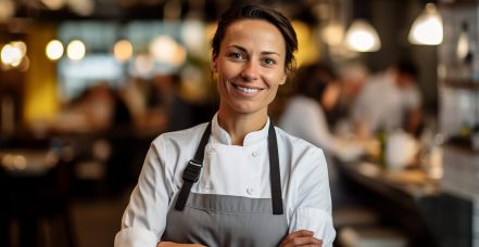 Portrait of smiling female chef standing with arms crossed in a